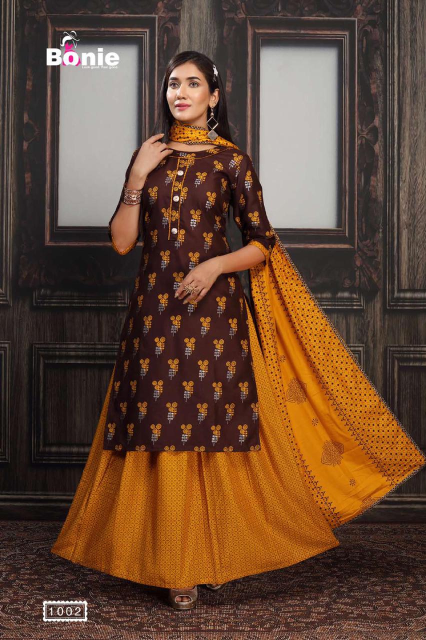 Bonie Meena 2 Latest Fancy Casual Wear Finest Quality Of Rayon Heavy Gold Printed Kurtis With Skirt Collection 